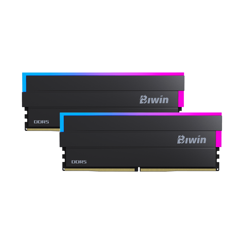 Two Biwin RAM modules with RGB lighting on a transparent background