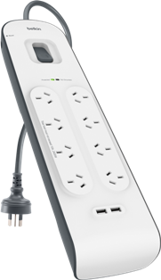 BELKIN 8 OUTLET SURGE PROTECTOR WITH 2M CORD WITH 2 USB PORTS (2.4A),  2YR WTY, $50K CEW - BSV804AU2M