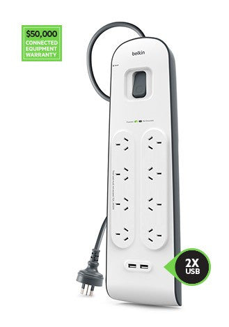 BELKIN 8 OUTLET SURGE PROTECTOR WITH 2M CORD WITH 2 USB PORTS (2.4A),  2YR WTY, $50K CEW - BSV804AU2M