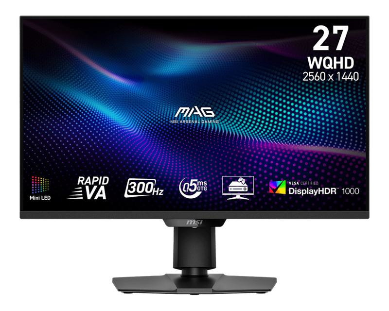Front view of MSI 27-inch QHD Mini LED gaming monitor with ultra-thin bezels and HDR1000 support