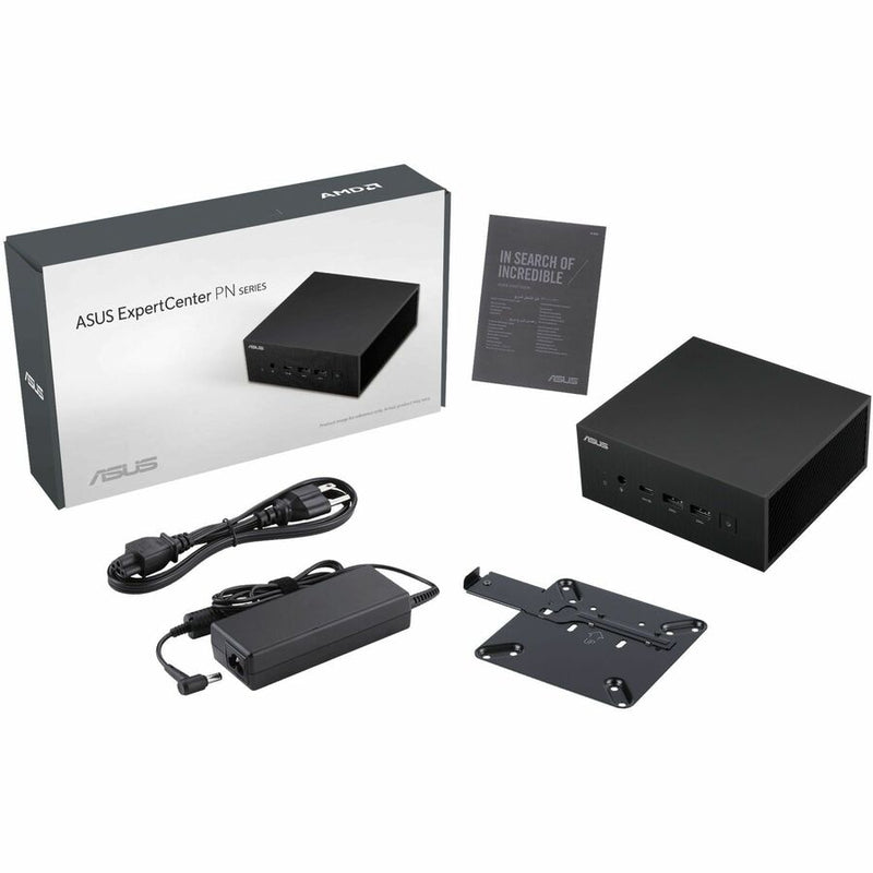 Asus ExpertCenter PN series device with packaging, power cable, and mounting bracket on a white background