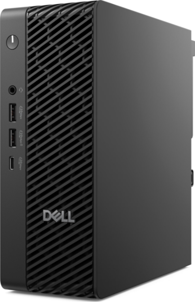 Off center shot of the front of the Dell Pro QCM1250 Micro Desktop