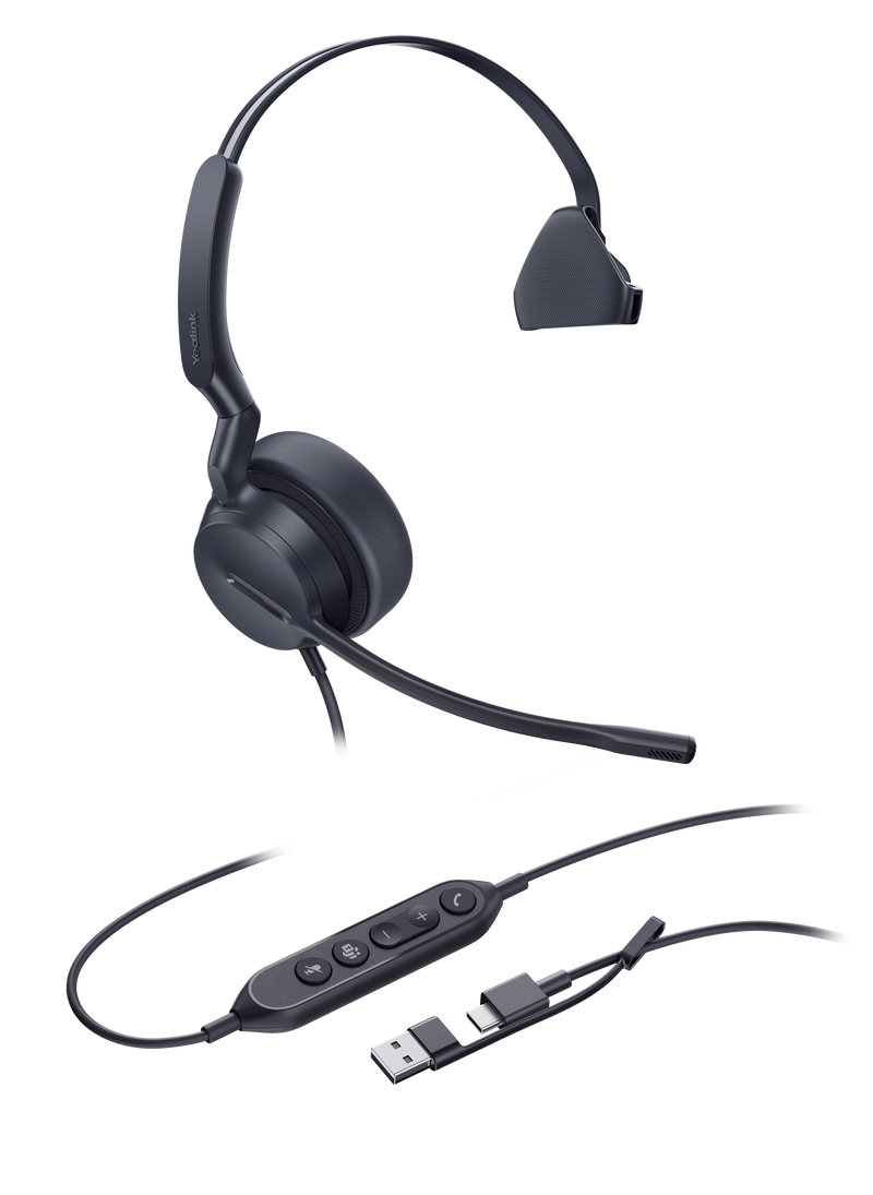 Yealink UH44 Wired Mono Headset USB-C Noise Cancelling Mic Leather Cushions USB-A Adapter