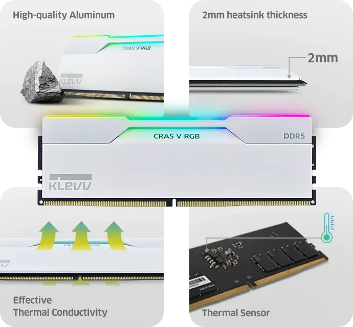Klevv CRAS V RGB 32GB DDR5 6000MHz CL30 RAM Kit 2x16GB White Memory