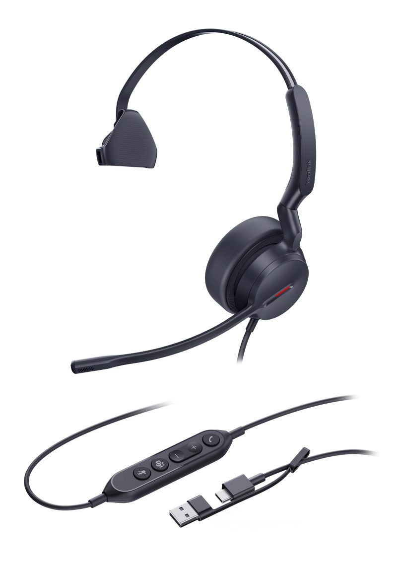 Yealink UH44 Wired Mono Headset USB-C Noise Cancelling Mic Leather Cushions USB-A Adapter