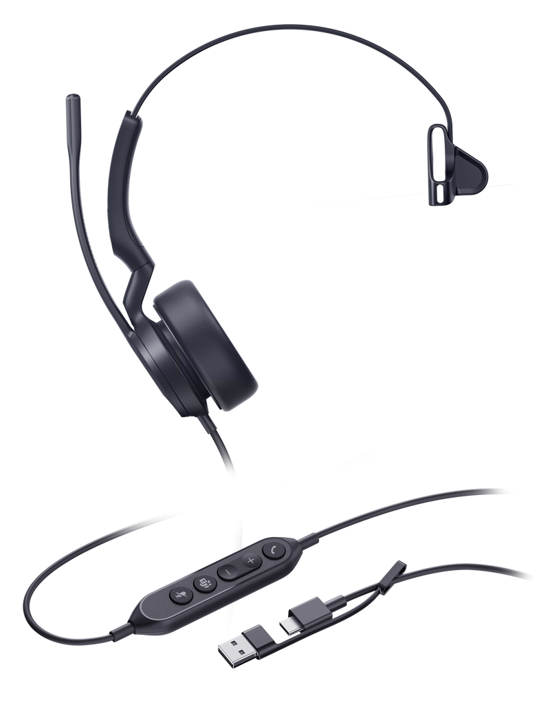 Yealink UH44 Wired Mono Headset USB-C Noise Cancelling Mic Leather Cushions USB-A Adapter