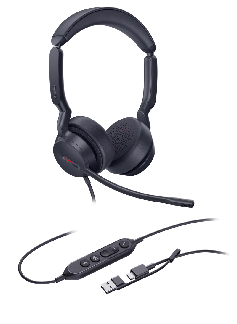 Yealink UH44 MS Wired Stereo Headset USB-C Noise Cancelling Mic Leather Cushions USB-A Adapter