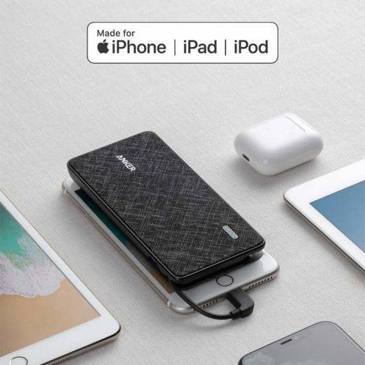 ANKER POWER BANK 10000 WITH LIGHTNING CABLE - BLACK FABRIC - A1222T11