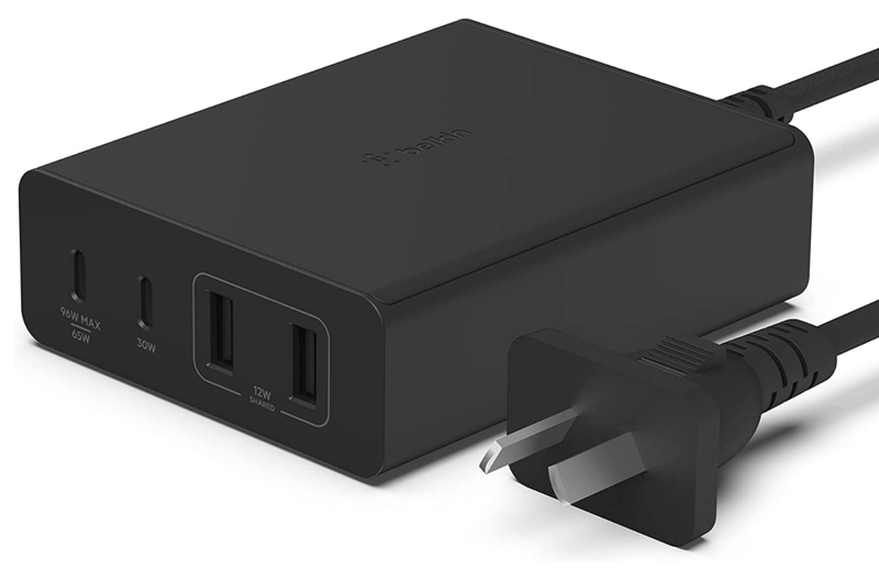 BELKIN 4 PORT USB-C GAN CHARGER, USB-C(2), USB-A(2), 108W INC 2M CORD, BLACK - WCH010AUBK