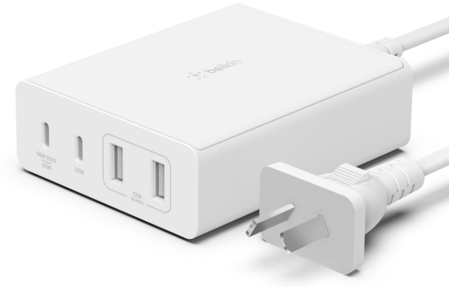 BELKIN 4 PORT USB-C GAN CHARGER, USB-C(2), USB-A(2), 108W INC 2M CORD, WHITE. - WCH010AUWH