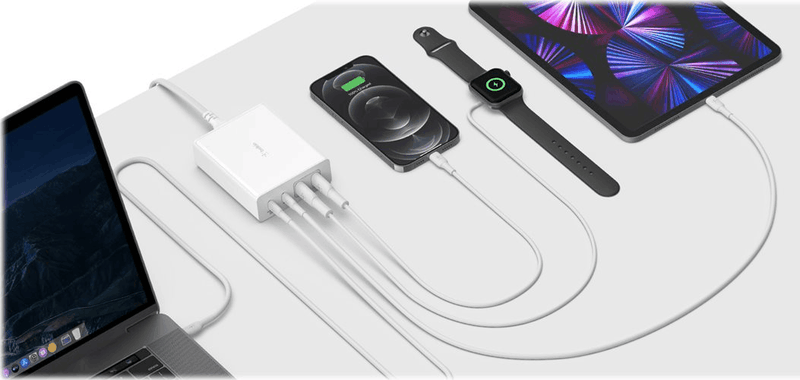 BELKIN 4 PORT USB-C GAN CHARGER, USB-C(2), USB-A(2), 108W INC 2M CORD, WHITE. - WCH010AUWH