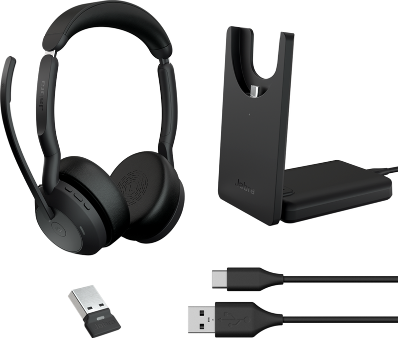 JABRA WIRELESS EVOLVE2 55 UC STEREO BLUETOOTH ANC HEADSET W/CHARGING STAND, LINK380C,USB-C-25599-989-889