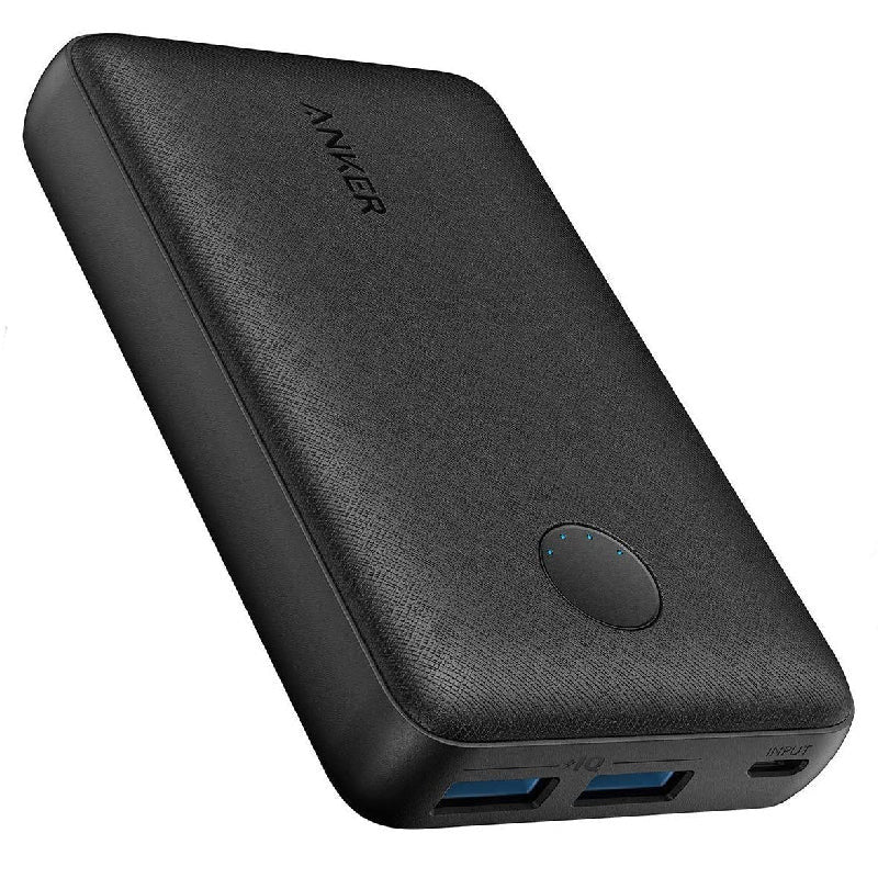 Black rectangular power bank lying flat with visible USB-A and USB-C ports on one end