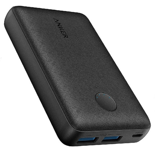 Black rectangular power bank lying flat with visible USB-A and USB-C ports on one end