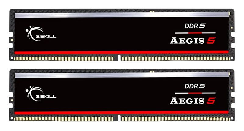 Two Black G.Skill Aegis 5 DDR5 memory sticks on a white background