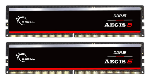 Two Black G.Skill Aegis 5 DDR5 memory sticks on a white background