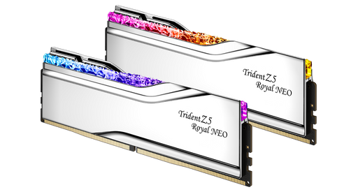 Two Trident Z5 Royal NEO RAM modules with RGB lighting on a white background