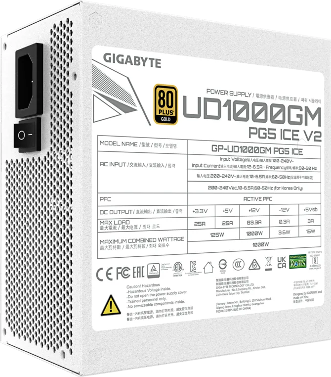 Gigabyte UD1000GM PG5 ICE 1000W ATX Power Supply 80 Plus Gold Efficiency