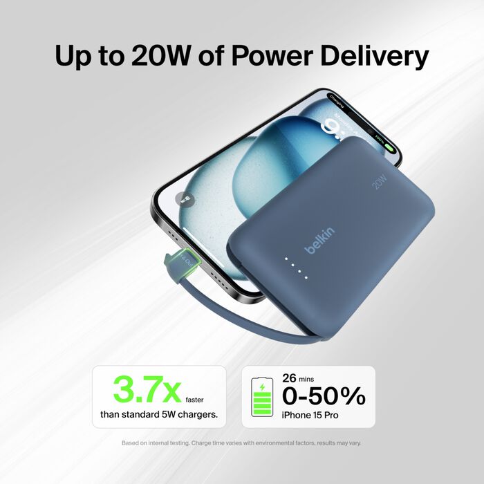 Belkin BoostCharge 10K Power Bank 20W Dual USB-C Integrated Cable Blue