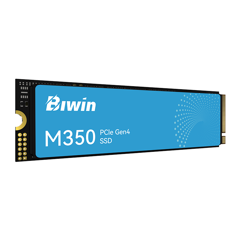 Off center shot of the front of Biwin M350 SSD Label Showing 1TB Capacity and PCIe Gen4 NVMe Interface
