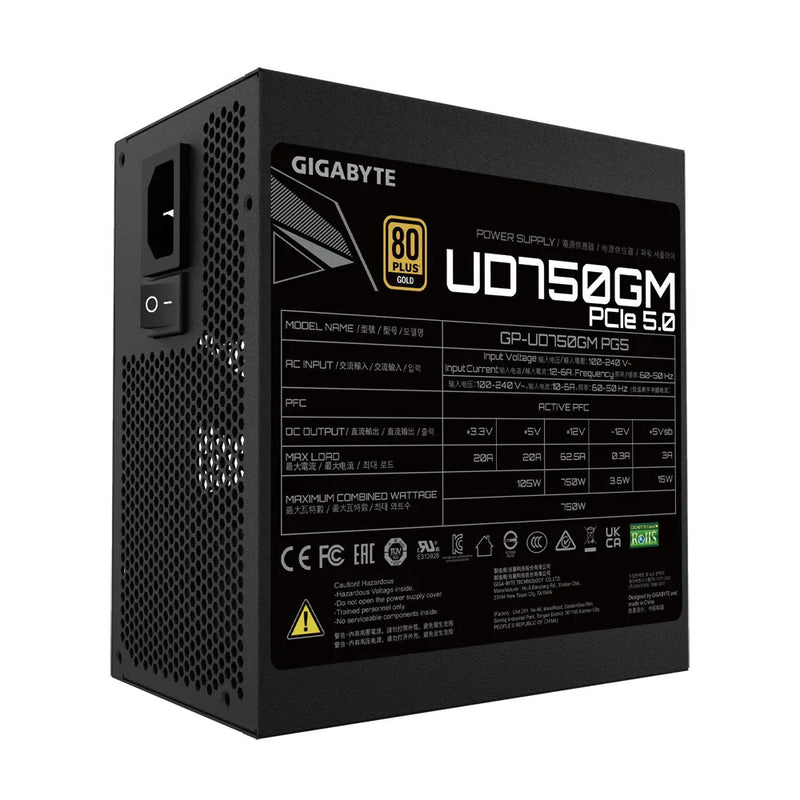 Gigabyte UD750GM PG5 750W ATX PSU Power Supply 80+ Gold >90% Black Flat Cables Single +12V Rail Japanese >100K Hrs (NEW)