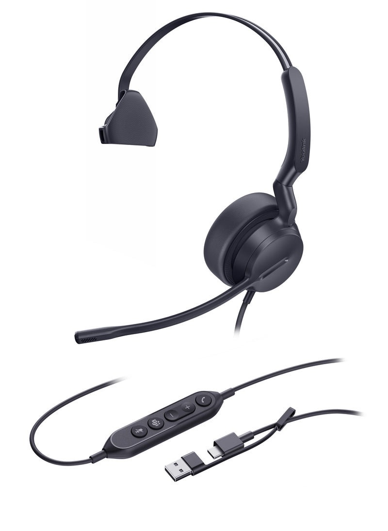 Yealink UH42 MS Wired Mono Headset USB-C Noise Cancelling Mic Leather Cushions C/A Adapter
