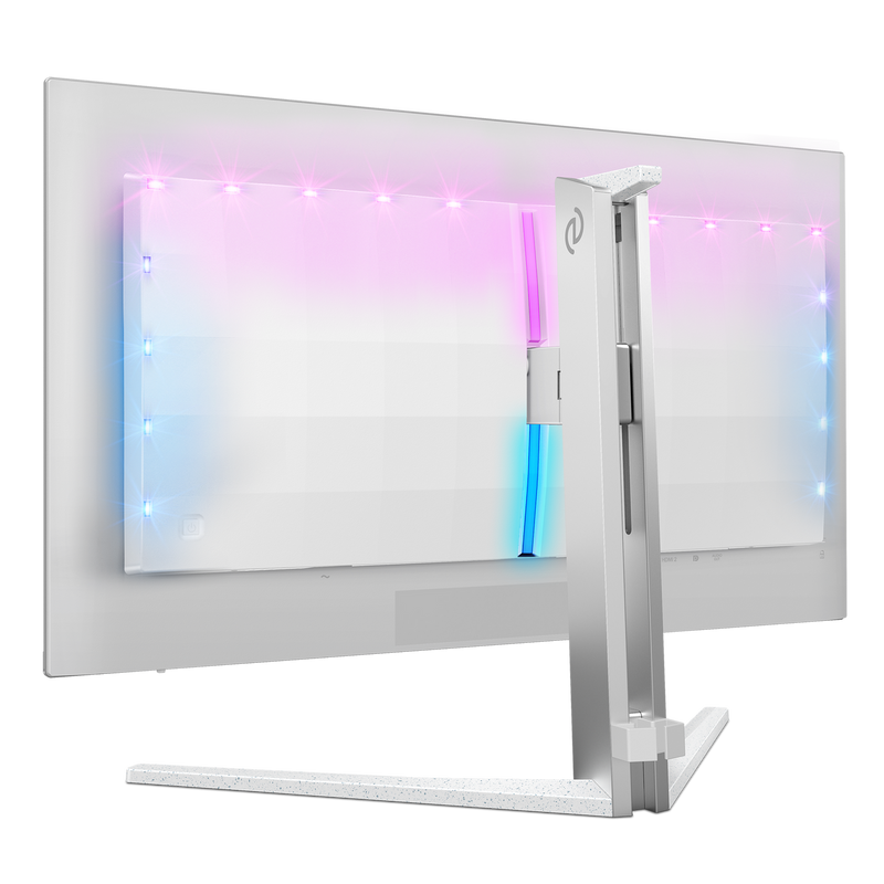 Philips Evnia 26.5-inch gaming monitor in desktop setup with immersive QHD display and ambient lighting