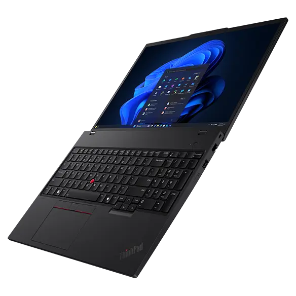 A Lenovo T16 Gen 4 Notebook, fully folded down to 180° to accentuate the hinge actuation range.