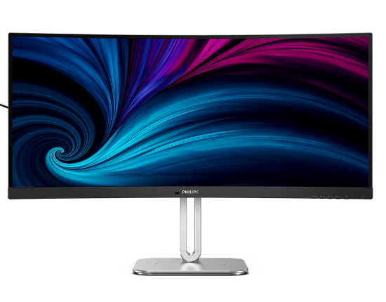 Front view of Philips 34-inch curved ultrawide WQHD VA monitor with 1500R curvature and ultra-thin bezels