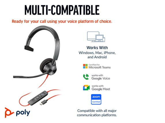 HP POLY BLACKWIRE 3310 MS MONO USB-C CORDED HEADSET, INCLUDING USB-A ADAPTOR - 8X216AA