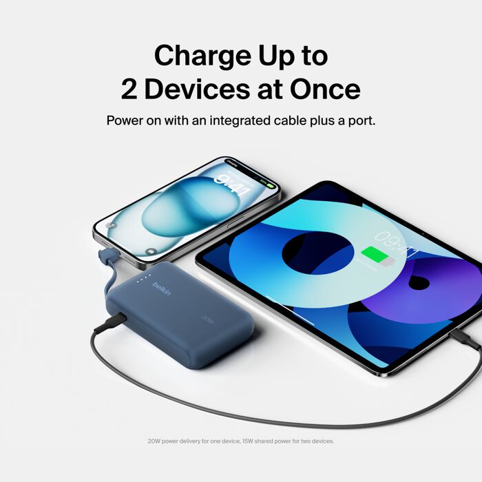 Belkin BoostCharge 10K Power Bank 20W Dual USB-C Integrated Cable Blue
