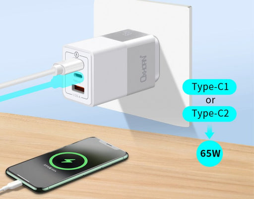 Oxhorn 65W GaN Type C fast Charger 3 Port 2xUSB-C 1xUSB-A PD3.0 QC4.0 PPS AUS Approved C-tick White with cable