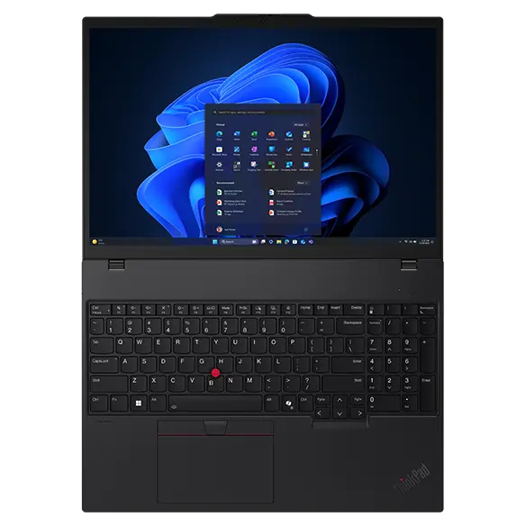 A Lenovo T16 Gen 4 Notebook, fully folded down to 180° to accentuate the hinge actuation range.