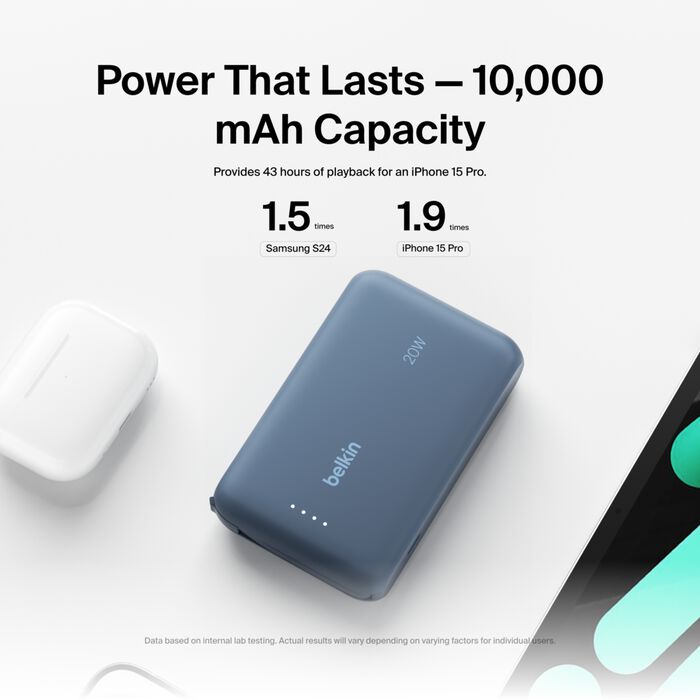 Belkin BoostCharge 10K Power Bank 20W Dual USB-C Integrated Cable Blue
