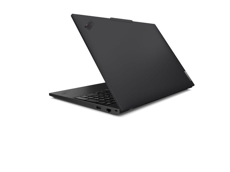 A rear Lenovo T16 Gen 4 Notebook, with the lid half open