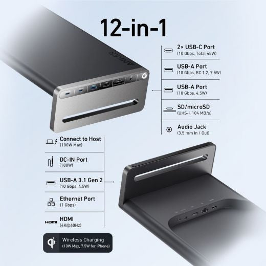 ANKER 675 MONITOR STAND USB-C DOCK WITH WIRELESS CHARGING PAD - A8377TZ1