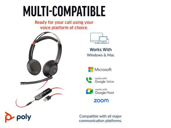 HP POLY BLACKWIRE C5220 UC STEREO USB-C CORDED HEADSET, 3.5MM INC USB-A ADAPTOR - 8X231AA