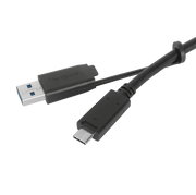 Close-up of USB-C male and tethered USB-A connector with screw-lock for secure docking