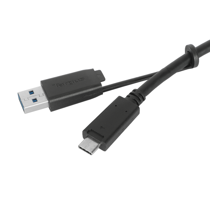 Close-up of USB-C male and tethered USB-A connector with screw-lock for secure docking