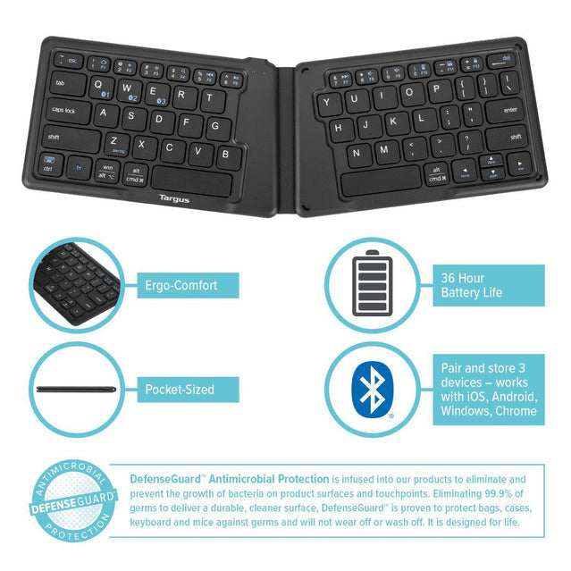 Targus Wireless Folding Ergonomic Keyboard - Antimicrobial - AKF003US