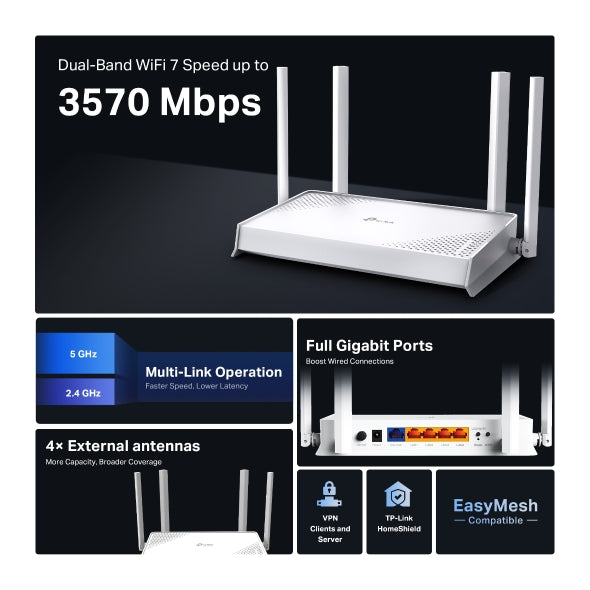 TP-Link Archer BE220W BE3600 Wi-Fi 7 Dual Band Router Gigabit EasyMesh