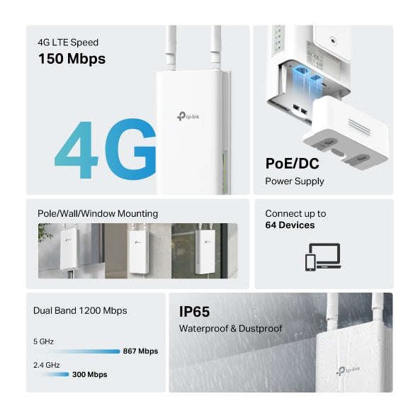 TP-Link Archer MR402-Outdoor AC1200 Dual-Band 4G LTE Outdoor Router IP65 PoE