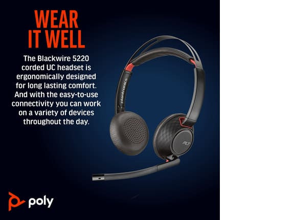 HP POLY BLACKWIRE C5220 UC STEREO USB-C CORDED HEADSET, 3.5MM INC USB-A ADAPTOR - 8X231AA