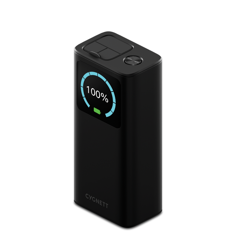 Cygnett Titan 30K mAh Laptop Power Bank showing LCD display, dual USB-C and USB-A ports