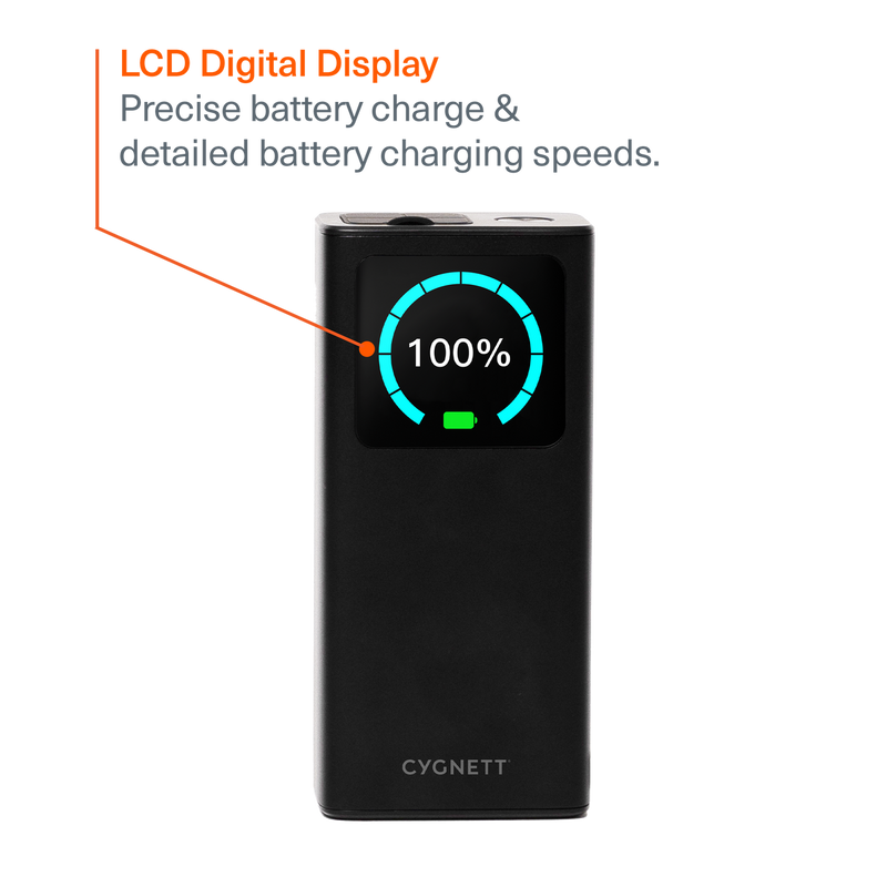 Side view of Cygnett Titan 30K mAh Laptop Power Bank showing slim design and dual USB-C and USB-A ports