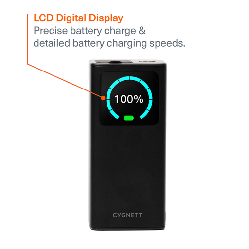 Side view of Cygnett Titan 30K mAh Laptop Power Bank showing slim design and dual USB-C and USB-A ports