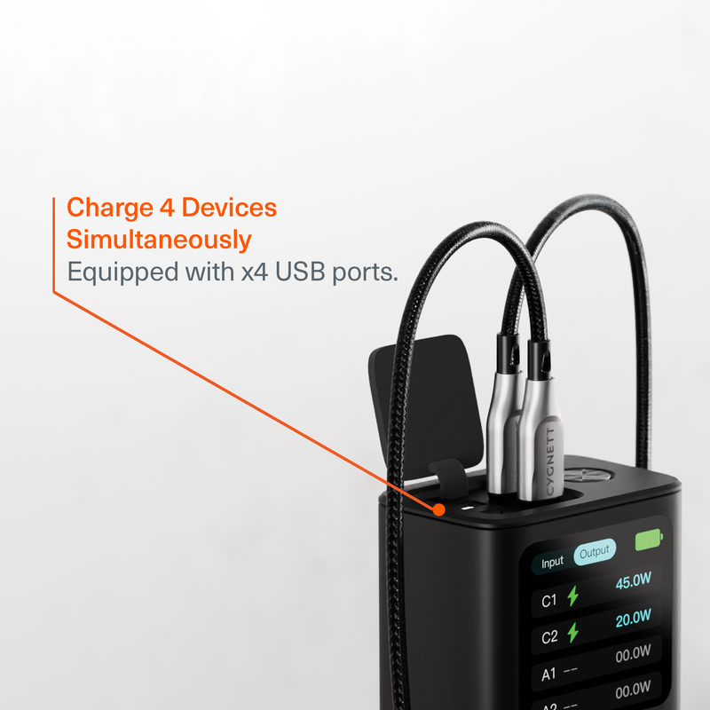 Cygnett Titan 30K mAh Power Bank in use, charging a laptop and smartphone simultaneously via USB-C and USB-A ports