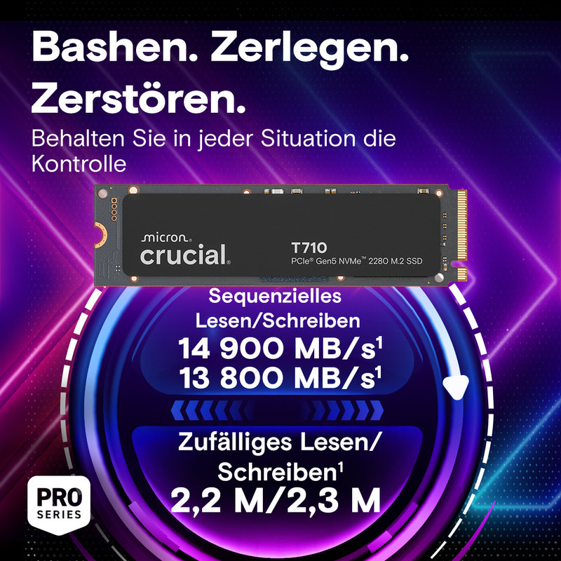 Crucial T710 SSD with performance specifications on a purple and blue background