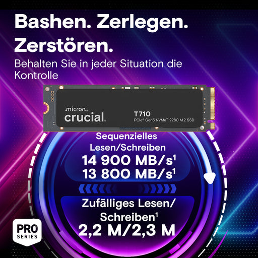 Crucial T710 SSD with performance specifications on a purple and blue background