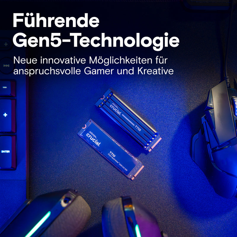 Computer hardware components including RAM sticks and a mouse on a dark surface with text about Gen5 technology.